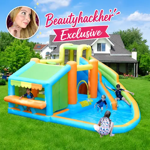 Yaheetech 10-in-1 Cooling Inflatable Toddler Playground Outdoor Play House with Splash Pool, Slide, Climbing Wall, Market Stand, 520W Blower, PVC Fabric, Mesh Safety Sides, 1 Repair Patch Kit, Portable for Ages 3-10, Play Equipment, Inflatable Water Park,