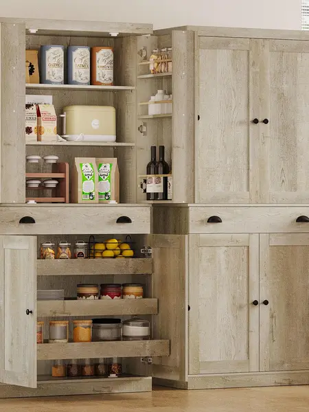 【72 H, ship in 2 boxes】 IRONCK Freestanding Storage Cabinet, MDF Sideboard Pantry with Drawer, Sliding Rack, 6 Hanging Shelves & Anti-Tip Kit, Rustic Cupboard for Dining Room, Laundry, Dorm Essentials