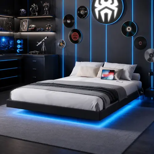 Floating Bed Frame Full/Queen Size with RGB LED Lights and Type-C&USB Ports, Metal/Linen Platform Bed No Box Spring Needed,Easy Assembly,Noise-Free