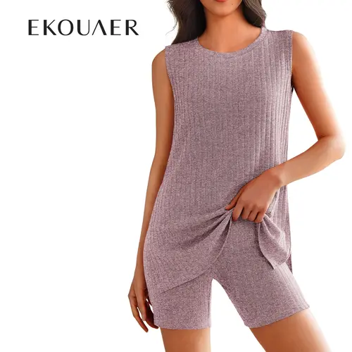 EKOUAER Summer Women's Pajama Sets Summer Striped Knitted Sleeveless Women's 2-Piece Set Cycling Shorts Casual Comfortable Set S-XXL