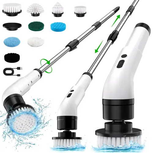 WHATOOK Cordless Rechargeable Electric Spin Scrubber - 9-in-1 Design with 9 Replaceable Scrubbing Brush Heads, Telescopic Adjustable-Length Handle, USB Cable, for Shower Cleaning (Rechargeable Spin Scrubber Kit), Scrubbing Spin Brush,toolupgrade