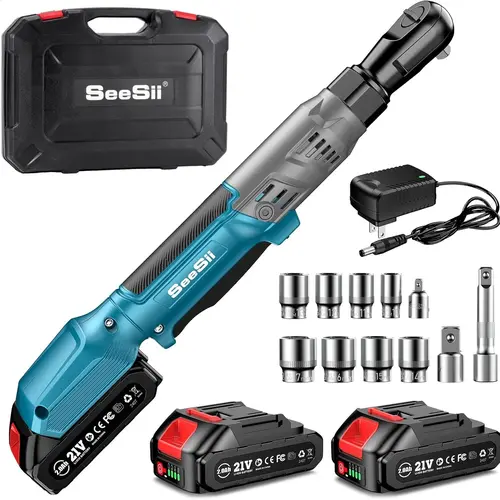 SEESII 3/8" Cordless Ratchet Wrench – 66Ft-lbs Torque, 200RPM Speed, 2x21V Batteries, Variable Speed Control, 8 Sockets, 1/4" & 1/2" Adapters, and 3" Extension Bar Included, 600B DealsForYouDays