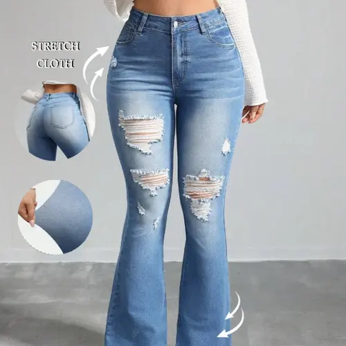 Women's Flare Leg Flared Bell Bottoms Ripped Frayed Edge Design Denim Jeans, Denim Clothing, Fashion Casual Streetwear Ripped Jeans for Daily Outdoor Wear, Ladies Bottoms for All Seasons