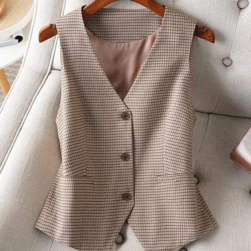 Women's Plaid Print Button Front Vest Blazer, Casual V Neck Sleeveless Waistcoat for Work Office Business Attire Clothes, Ladies Spring & Fall Clothes, Formal Wear, Classic Office Wear