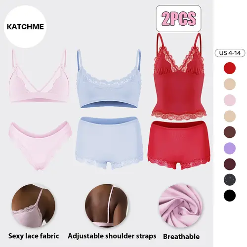 Katch Me Chic Women's Soft Lace Series Spaghetti Strap Lace Trim Wirefree Quick-Drying Bralette & Panties Set, Casual Lightweight Flattering Underwear Set, Breathable Womenswear