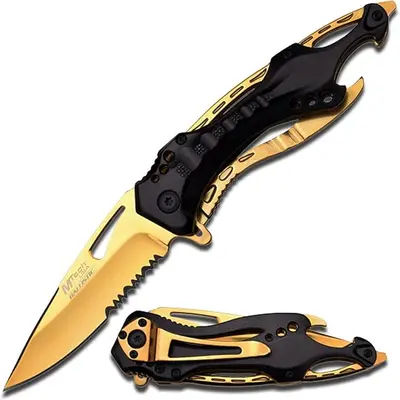 MTECH USA Unisex Folding Camping Knife - 3.75-Inch Half-Serrated Gold Titanium Coated Blade, Glass Breaker, Screw Driver, Compact Multi-Tool, Survival Equipment, Outdoor Tools, Gifts for Boyfriend MT-A705BG