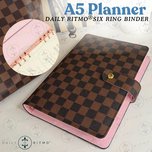 DAILY RITMO A5 Checkered PU Leather 6-Ring Binder Notebook - 160-Page To-Do List Planner, Work Notebook, Daily To Do List Notepad, Office Stationery, Desk & Work & Office Accessories