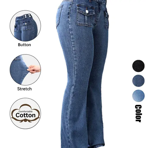 Women's Pocket Stretchy Fit Jeans, Vintage Flared High-Waist Casual Chic Comfy Bell Bottom Denim Trousers Pants for Daily Wear, Ladies Bottoms for All Seasons Button