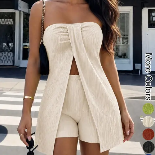 Two-Piece Set Outfit Women's Matching Solid Ribbed Strapless Crop Tube Top with Slit & Shorts, Casual Fashion Cozy Fabric for Daily Outdoor Wear, Ladies Clothes for Summer, Womenswear, Pajama, Sleeveless Lounge Set