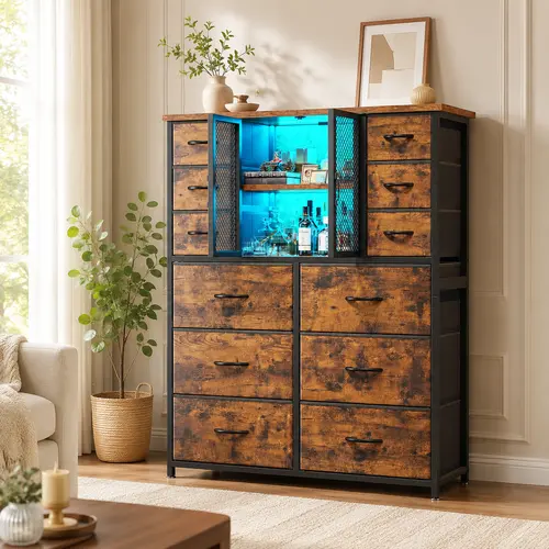 [Vibe Home] Raybee 12 Drawer Fabric Dresser with Charging Station & LED Lights, 50.5" Tall Storage Chest of Drawers with Wooden Hutch, Narrow Dresser Tower for Bedroom, Wide Closet Organizer for Living Room, Dorm, Entryway, Apartment,Clothes, Blankets