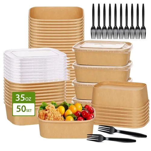 Summer Sale Kesaplan 50Pack Disposable Kraft Paper Bowls with Lids and Forks,29oz/35oz Square,Meal Prep Containers Disposable Large Paper Bowls, Leakproof Food Containers Treat Soup Serving Bowl, Microwave Safe for Hot/Cold Food Compostable