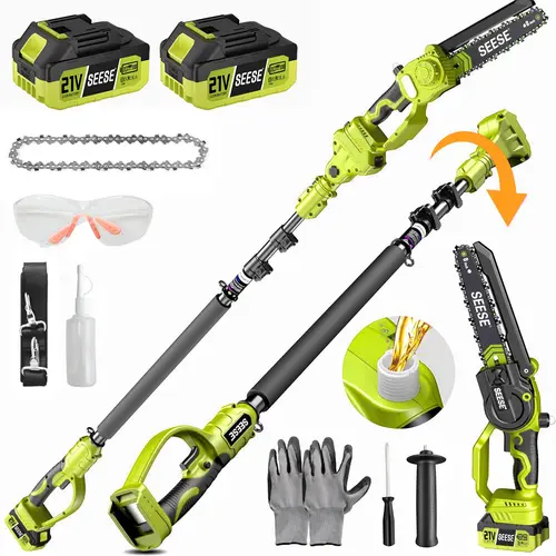 SEESE Brushless Electric Pole Saw,2 in 1 Mini Chainsaw with 2 x 21V Batteries, 8" Brushless Electric Pruner, Telescopic Pruning Saw, Working Height up to 15ft, 180° Angled Head, Shoulder Strap