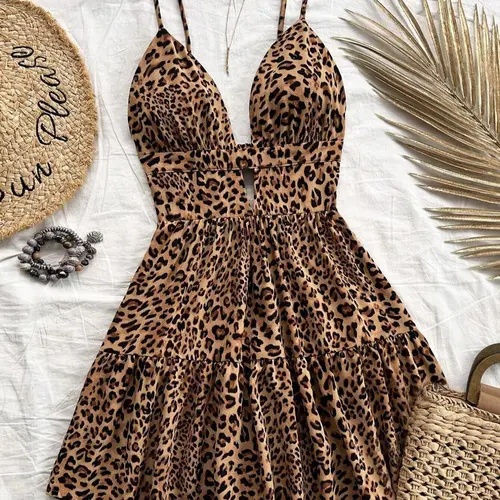 Women's Leopard Print V Neck Dress with Adjustable Straps and Backless Cut Out, Slim Fit Casual Sleeveless Party Wear for Summer and Vacation, Cutout Sleeveless Dress
