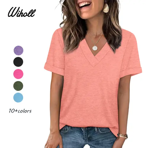 WIHOLL Women's V-Neck T-Shirts - Casual Loose Fit Short Sleeve Tops with Rolled Sleeves, Soft Stretchy Breathable Fabric, Wardrobe Staples, Clothes for Women, Everyday Summer Wear,sohochic