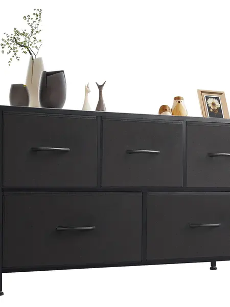 Sweetcrispy 5-Drawer Sturdy Chest of Drawers - Modern Credenza Cabinet with Fabric Bins, Black Wood Top, Closet Storage, Bedroom Storage, Apartment Stuff, Small Space Furniture Organizer