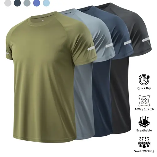 Men's Solid Color Short Sleeve Sports Tee, Breathable Sweat-Absorbing Quick-Drying T-shirt for Outdoor Workout Running Cycling, Casual Sportswear for Men, Activewear