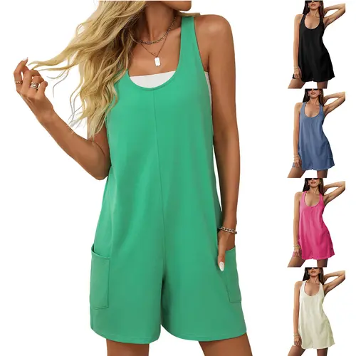Ommig Women's Cotton-Blend Pullover Romper - Casual Oversized Sleeveless Square Neck Fit, Lightweight Athletic Basics with Pockets, Maternity Summer Beach Shorts Jumpsuit (Cotton-Elastane, Above-The-Knee),sohochic
