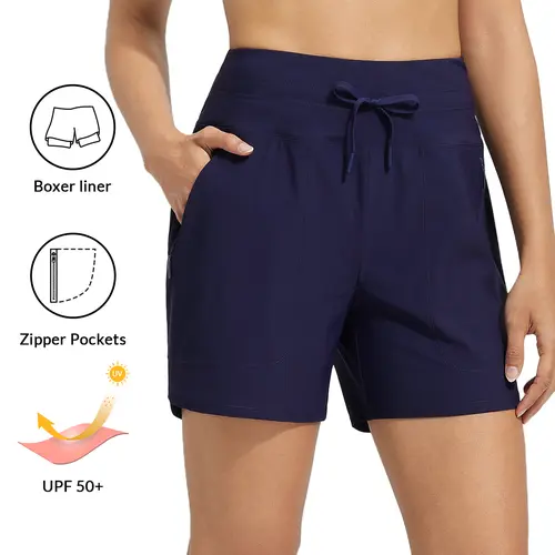 [Clearance] baleaf Women's Swim Trunks, 5" High Waisted Board Shorts with Boxer Liner, Quick Dry Tummy Control & Zipper Pockets, UPF 50+, Comfy Swim Shorts