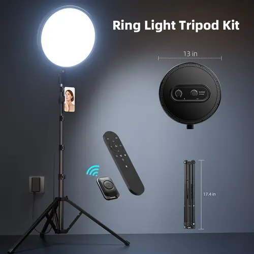 【BackToSchool】tudio-Level Lighting for Content Creators - 13" Full-Screen Ring Light with 79" Adjustable Stand and Remote | No Shadows, Perfect for 4K Makeup Videos & Podcasts
