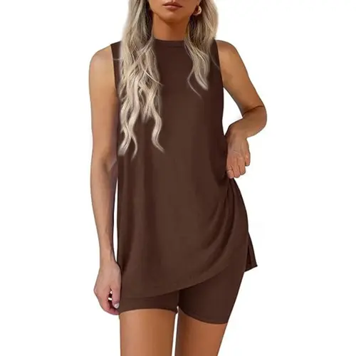 PRETTYGARDEN Sleeveless Crewneck Women's 2 Piece Sets Summer Matching Lounge Shorts Set Resort Airport Travel Outfit Split Hem Casual Clothes Basic Fitted Homewear#Summervibes#SwimWeek#DealsForYouDays