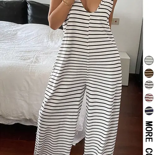Striped Sleeveless Loose-Fitting Knit Jumpsuit, Casual Overalls, Casual Baggy Jumpsuit, Casual Comfortable One-Piece, Spring & Fall Fashion, Non-Positional Lines Design, Casual Basic Jumpsuit