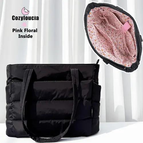 CozyLoucia Women's Quilted Puffer Tote Bag - Pink Flower Print, Interior Laptop Compartment, Lightweight Folding, Multi-Pocket, Back to School Haul College School Bag, Everyday Gift for Women
