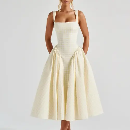 Women's Chic Vibe Gingham Print Square Neck Strappy Tank Dress, Casual Daily Outfit Fashion Sleeveless Slim-Fit A-Line Dress for Daily Outdoor Wear, Ladies Dress for Summer, Womenswear, Fashionable Dress