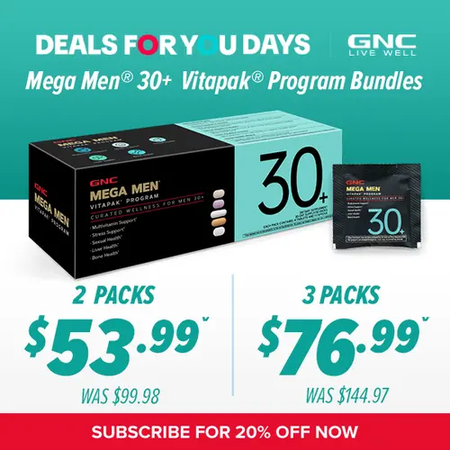 GNC 2-Box Bundle: GNC Mega Men's 30+ Vitapak Multivitamin, 30 Count, 60-Day Supply, 5-in-1 Wellness Supplement for Stress Relief, Bone Support, Liver Health, Men's Health Vitamins Supplements, Vitamins & Minerals