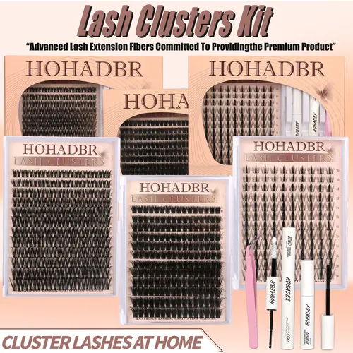 HOHADBR  8-16mm  Lash Clusters Kit Natural Individual Lashes Fairy Lash Wispy Eyelash Extensions 8-16mm  Lash Extension Kit Lash Bond and Seal Waterproof, Lash Applicator, Thick False Eyelashes Kit,#backtoschool