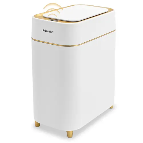 Pukomc Hands-Free Auto-Sensor Trash Bin - Wave & Knee Induction, Quick Silent Open, Removable Liner, Battery-Powered White Kitchen Garbage Can for Home Use