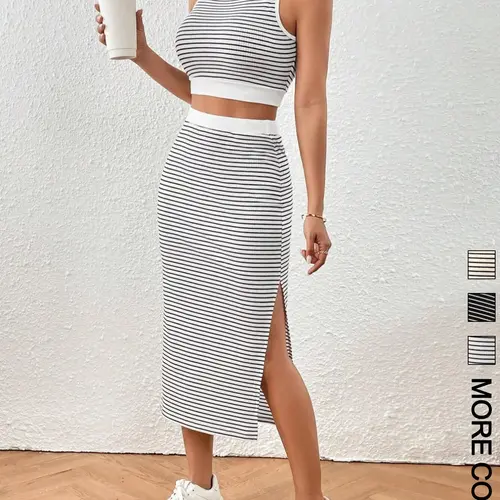 Women's Striped Print Sleeveless Crop Top & Skirt Two-Piece Set Outfit, Casual Fashion Cozy Top & Skirt for Daily Outdoor Wear, Ladies Clothes for All Seasons