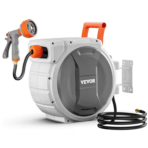 【toolupgrade】VEVOR Wall-Mounted Heavy-Duty Coiled Hose Reel, 1/2 in x 145 ft Hose Holder with Brass 9-Pattern Nozzle, Any Length Lock, Upgraded Slow Return System, 180° Swivel Bracket, Watering Equipment, Retracts Neatly to Save Outdoor Space