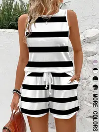 Two-piece Set Women's Striped Print Tank Top & Shorts, Striped Knit Sets, Casual Sleeveless Lightweight Top & Shorts for Summer, Ladies Clothes Outfit for Daily Wear, Summer Matching Set, Womenswear