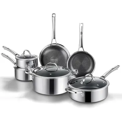SNOWCLAD 10-Pc & 14-Pc Hybrid Nonstick Stainless Steel Cookware Sets with Thermal Lids - Saucepan, Frying Pans, Pot Sets for Cooking Nonstick, Oven/Dishwasher Safe, Induction Ready, PFOA-Free Kitchen Supplies, Household Items