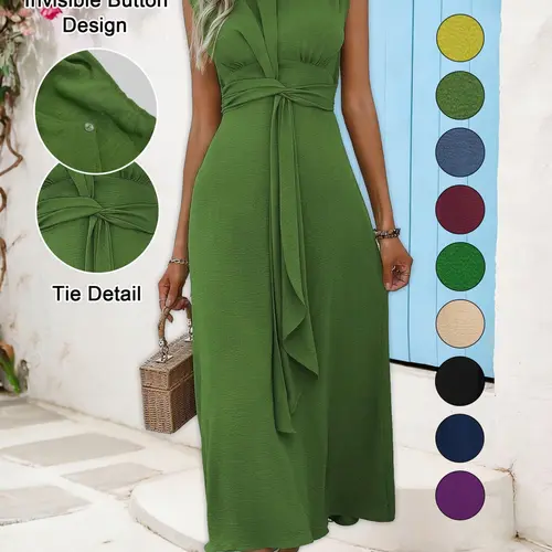 Women's Plain Sleeveless Round Neck Textured Slimming Dress, Belted Button Dress, Casual Wear, Dark Buckle Design, Waist Belt Integrated, Casual Commute Elegant Style