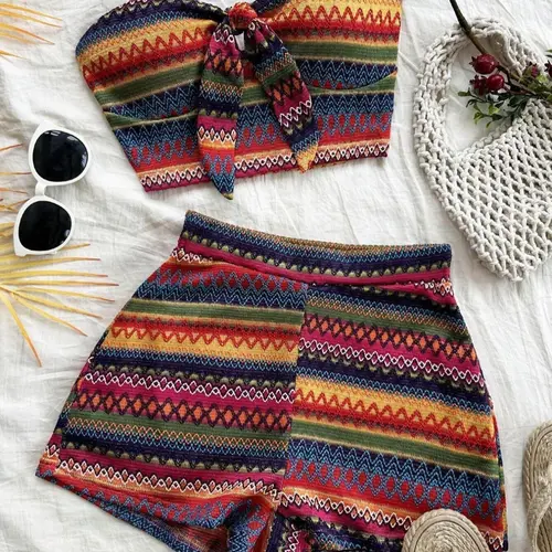 Women's Striped Pattern Crop Tube Top & High Waist Shorts Set, Casual Matching Set, Casual Bohemian Boho Fashion Cozy Two Piece Set, Fashion Style Sets for Daily Outdoor Wear, Ladies Clothes for All Seasons Womenswear Summer Sets