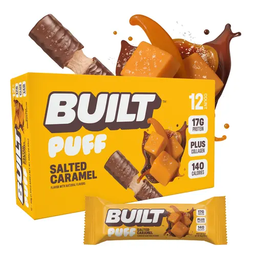 Official BUILT Bar, Puff Protein Bars, Salted Caramel Puff, 17g Protein Snacks, On-The-Go Bars, Only 140 Calories, 6g Sugar, Collagen, Gluten Free