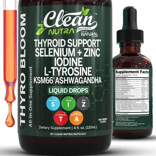 Clean Nutra Thyroid Support Drops Selenium, Zinc, Iodine, L-Tyrosine, Ashwagandha for Metabolism & Hormone Support - Thyro Bloom