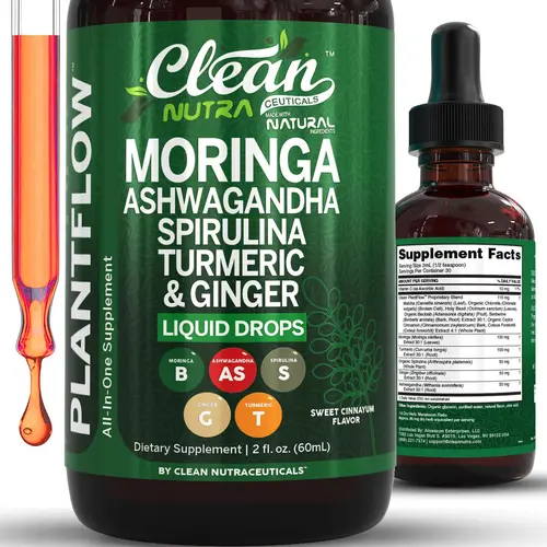 Clean Nutra Moringa, Ashwagandha, Spirulina, Turmeric & Ginger for Energy, Lactation & Daily Wellness Supplement - Plantflow