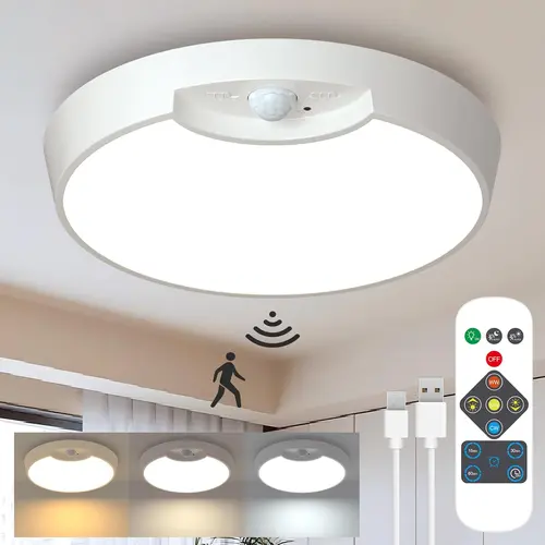 SohoChic Rechargeable Cordless Plastic Ceiling Light with 8000mAh Battery, 3 Color Modes, Motion Sensor, Remote Control, Dimmable Lighting, USB Cable, Rechargeable Night Light for Closets, Shed