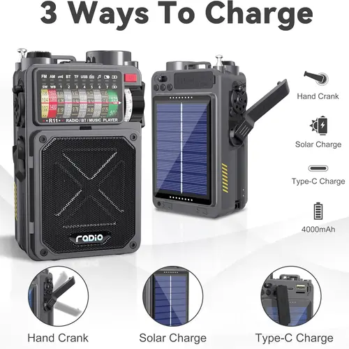 Emergency Crank Radio- Emgykit 4000mAh/14800mWh AM/FM/WB/SW/NOAA Weather Radio with Bluetooth,Flashlight,SOS Alarm, Powered by USB Charged,Hand Crank & Solar Power for Camping, winter storm