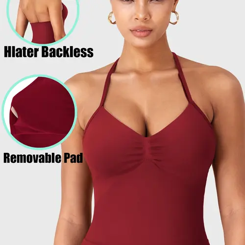 Women's Solid Halter Removable Pads Sports Singlets, Sporty Backless Sleeveless Tops for Yoga Gym Workout, Ladies Sportswear for Summer, Pilates Yoga Wear, Gym Exercise Activewear, Workout Summer Clothes, Activewear Clothing