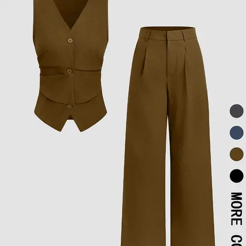 Two-piece Set Women's Solid Color Vest & Wide Leg Pants Set, Elegant Fitted Fashion Casual Two-piece Set for Daily Outdoor Wear, Women Clothing for All Seasons, Suits, Work Office Suit, Casual Summer Set