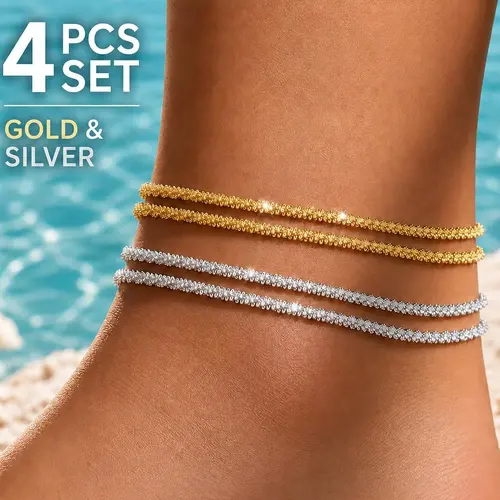 17KM Women's 4-Piece Dainty Layered Waterproof Anklet Set - Adjustable Alloy Metal Silver Beaded Figaro Cuban Link Chain Jewelry Anklets, Layered Look Decor for Beach Summer Daily Wear, Exquisite All-Match Gift