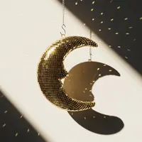 Retro Disco Shiny Moon Pendant, Reflective Mirror Ornament with Chain, Hanging Room Decor Wall & Garden Holiday Home Decor, Home Decorative Ornament