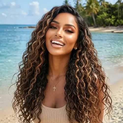 Unice Water Wave Wig Black with Golden Brown Highlights Bye Bye Knots Pre-cut 7x5 HD Lace Closure Human Hair Wigs Natural Scalp Ready to Wear Beginners Friendly