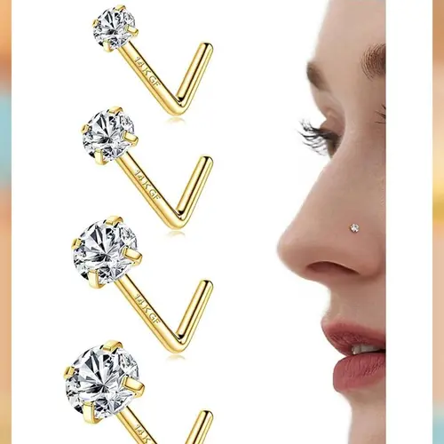 LOLIAS 20G High Quality Body Jewelry Accessory - 14 Karat Gold Filled, 316L Surgical Steel Nose Studs, 6A Cubic Zirconia Corkscrew/L-Shaped Hypoallergenic Small Nose Ring Piercing Zirconia Jewelry for Women Men, High Quality Jewelry,sohochic