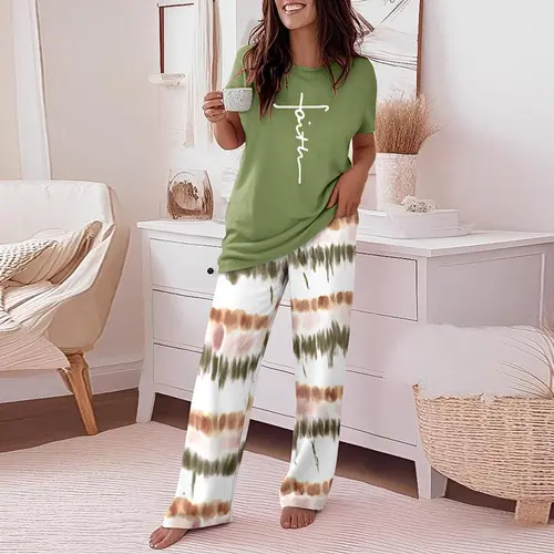 CHICME Women's 2 Piece Sets Round Neck Short Sleeve Top & Ombre Print Loose Pants Matching Pajamas Sets