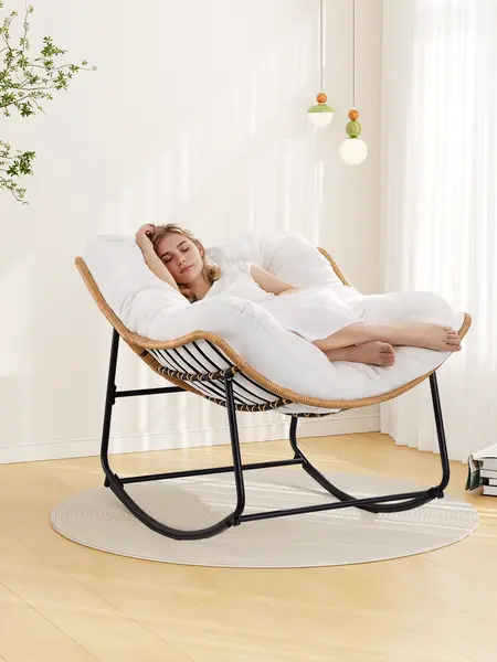 【Double-Side Fabric】ONBRILL Oversized Indoor Outdoor Rocking Chairs, Comfy Papasan Rocking Chair with Padded Cushion, Rattan Wicker Lounge Chair, Modern Reading Accent Chair for Balcony Garden, LivingRoom Furniture,Christmas Gift【SohoChic】