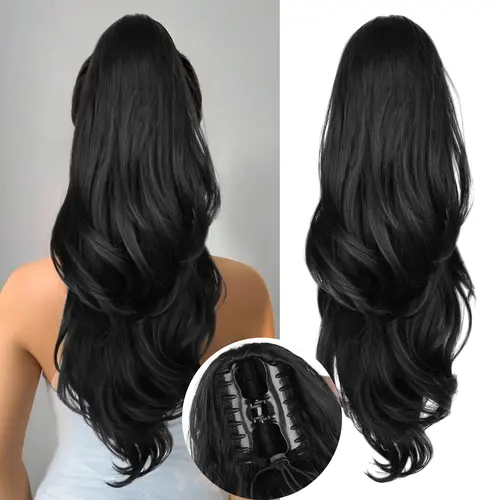 Women's 26Inch Claw Clip-In Ponytail Hairpiece - Long Black Wavy Layered, Glamorous Synthetic Extensions & Pieces, Clip-Ins for Black Girls, Ideal for Ponytail Hairstyle, Extensions Hair, Daily & Party Use,sohochic